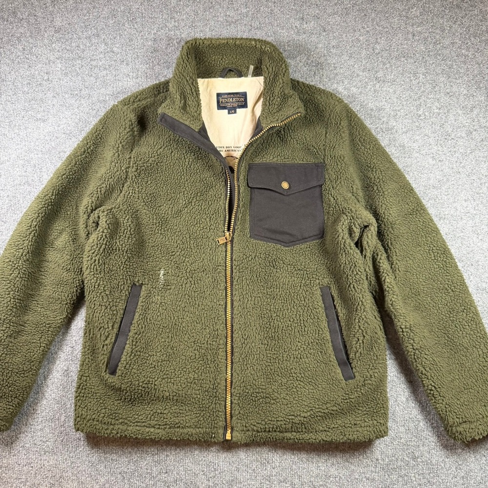 Pendleton Fleece Jacket Mens L Olive Green Full Zip Bison Skull CM142-83065